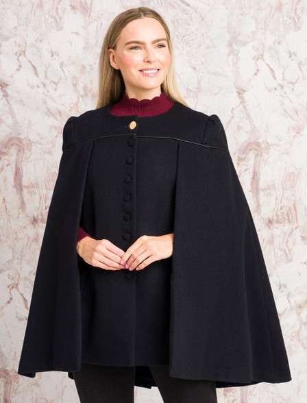 Aisling Tailored Tweed & Leather Cape - Deep Navy Melton