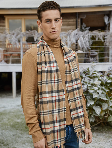 Fine Merino Plaid Scarf - Camel of Merrick | John Hanly & Co.