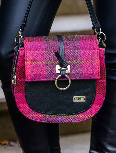 Kelly Tweed & Leather Tote Bag - Green And Pink Plaid