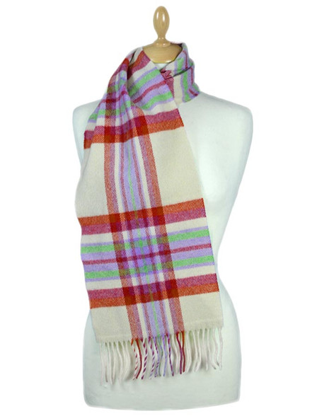 Narrow Lambswool Plaid Scarf - Berries and Cream