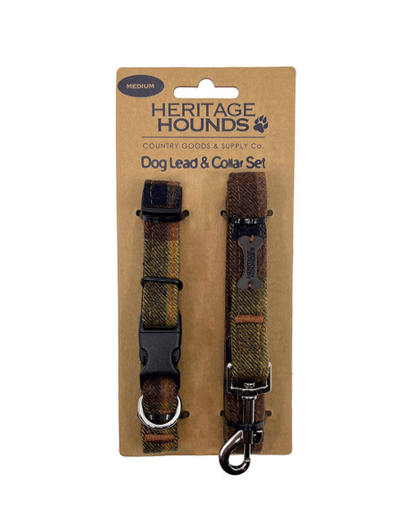 Tweed Dog Lead & Collar Set - Amber Plaid