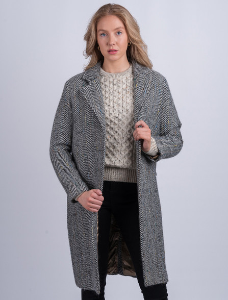 Ladies Irish Tweed City Coat - Black & Grey Herringbone