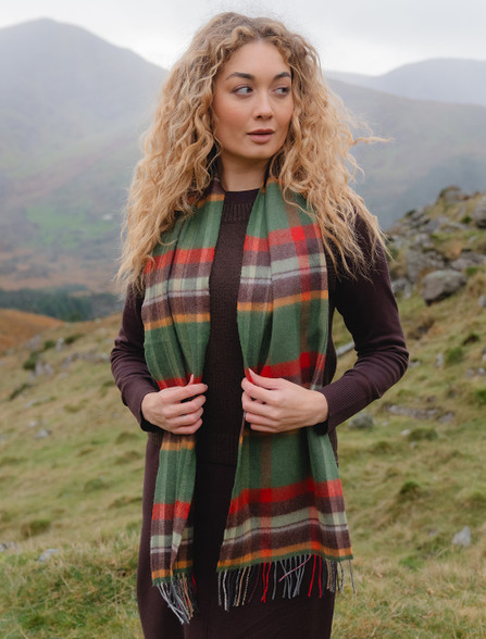 Narrow Lambswool Plaid Scarf - Green Fuschia | John Hanly & Co.