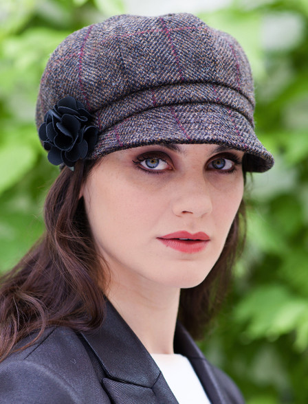 Ladies Tweed Newsboy Hat - Brown with Red | Mucros Weavers