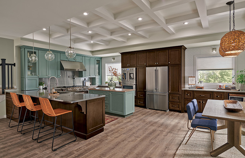 Transitional KraftMaid kitchen called Classic Creativity featuring Rainfall on Maple and Saddle on Cherry