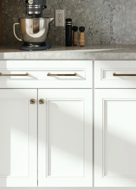 Kitchen with white KraftMaid cabinets