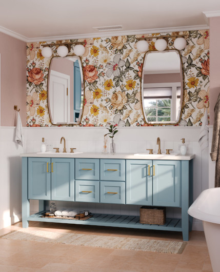 Contemporary bathroom featuring wall-hung KraftMaid vanity in Cannon Grey finish