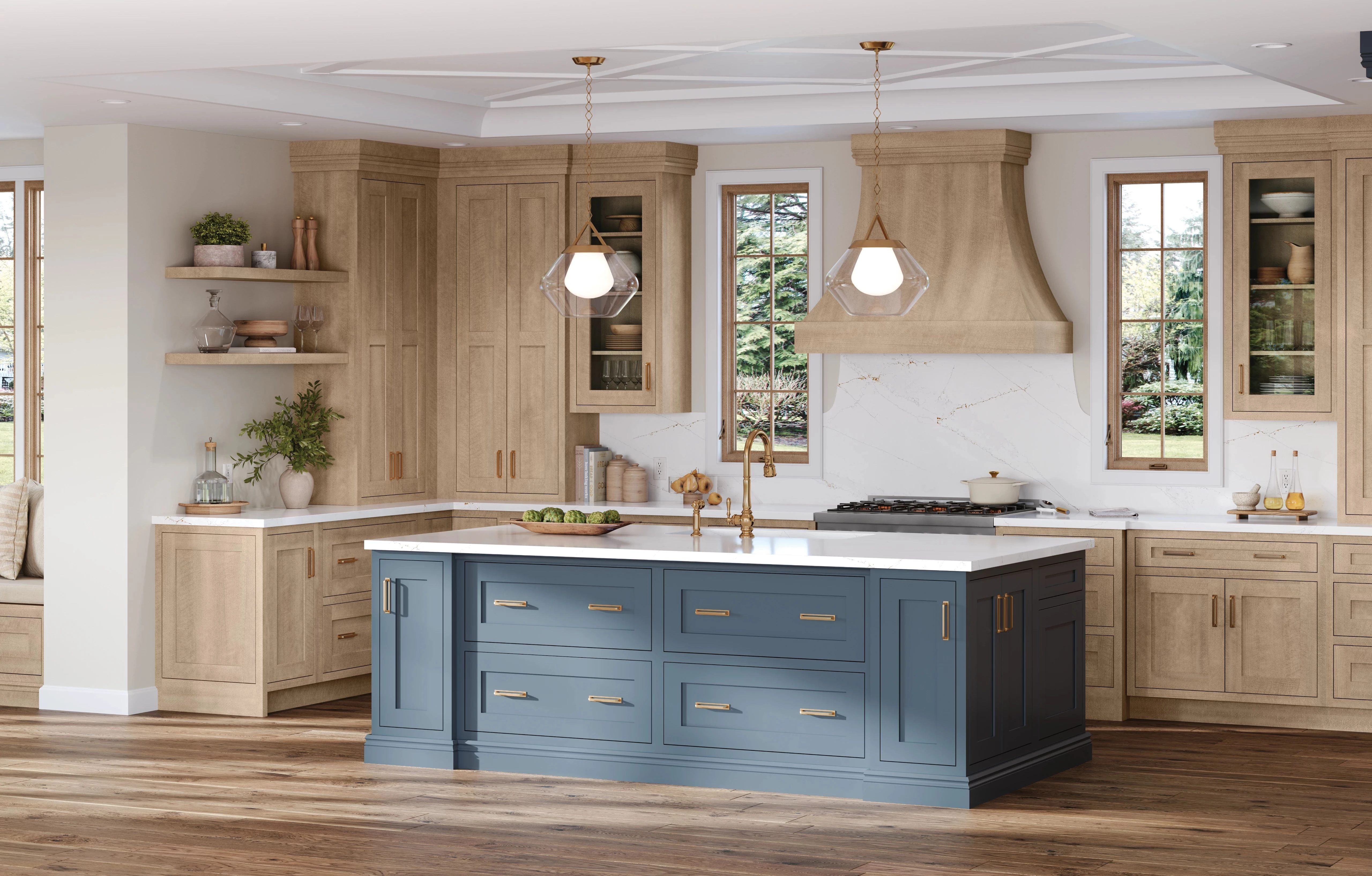 Light maple kitchen with a sage green island and green accent wall