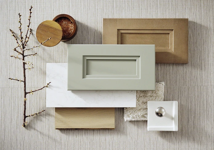 KraftMaid moodboard with finish and hardware samples