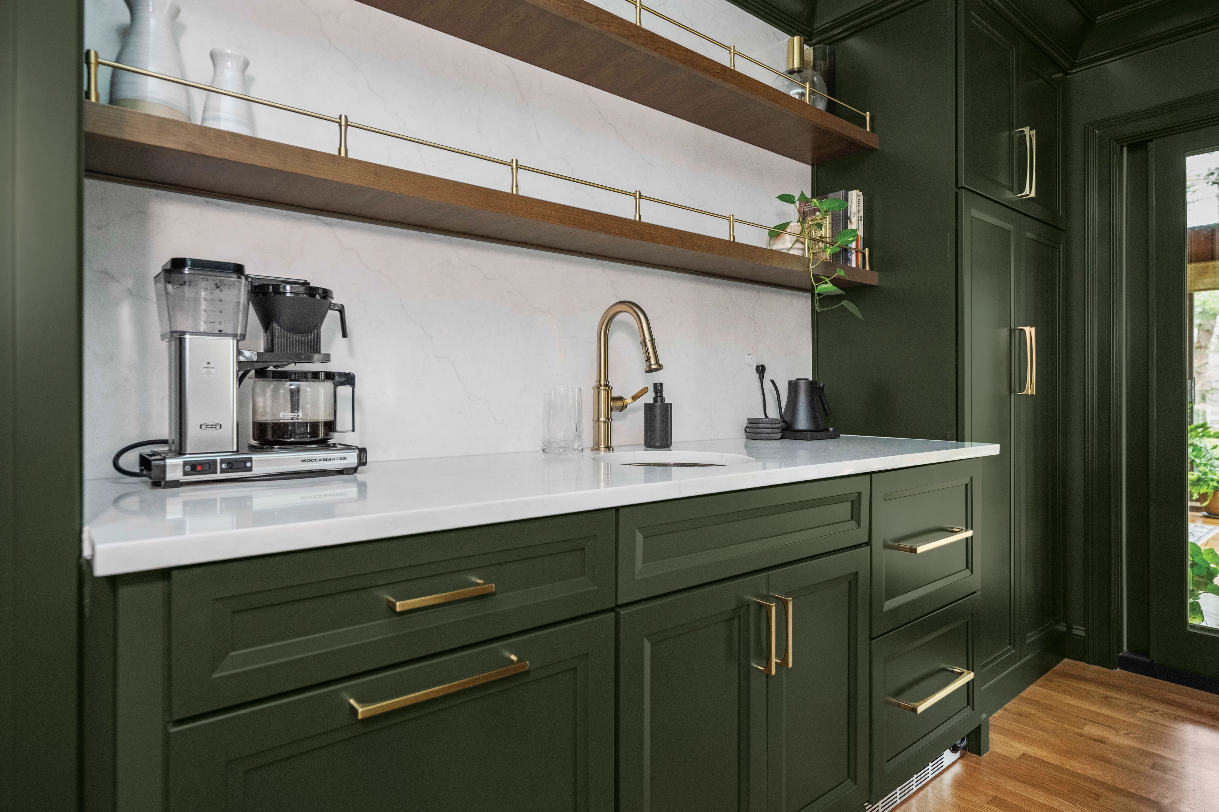 White quartz countertops with gray cabinets for a minimalist KraftMaid kitchen