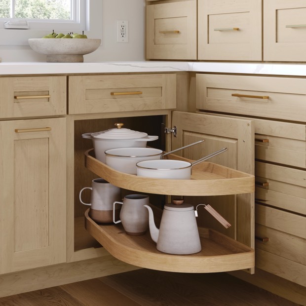 Lazy susan corner cabinet with cookware
