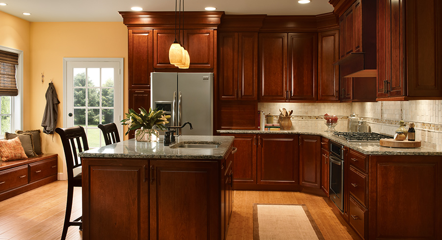 Open Living Room Kitchen Cherry Cabinets