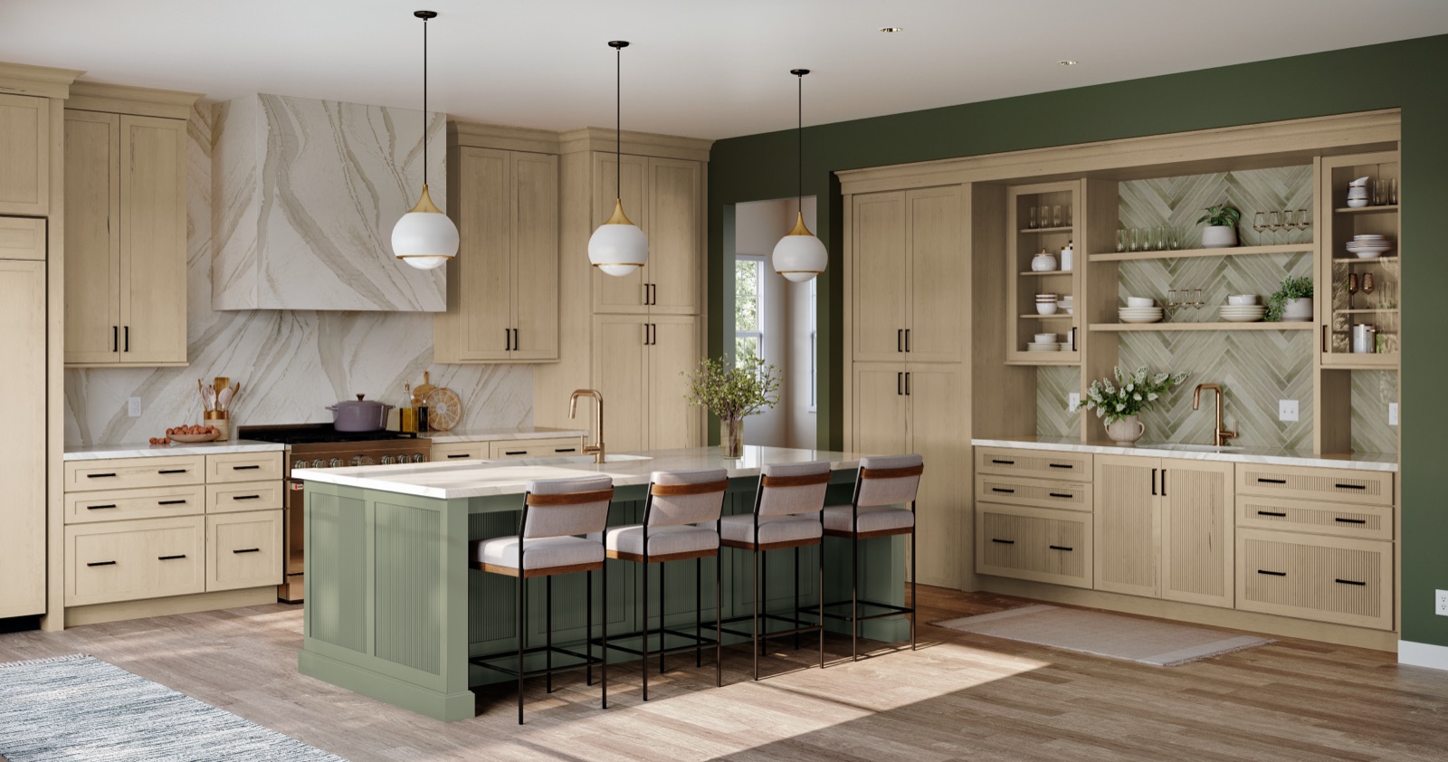 Light maple kitchen with a sage green island and green accent wall