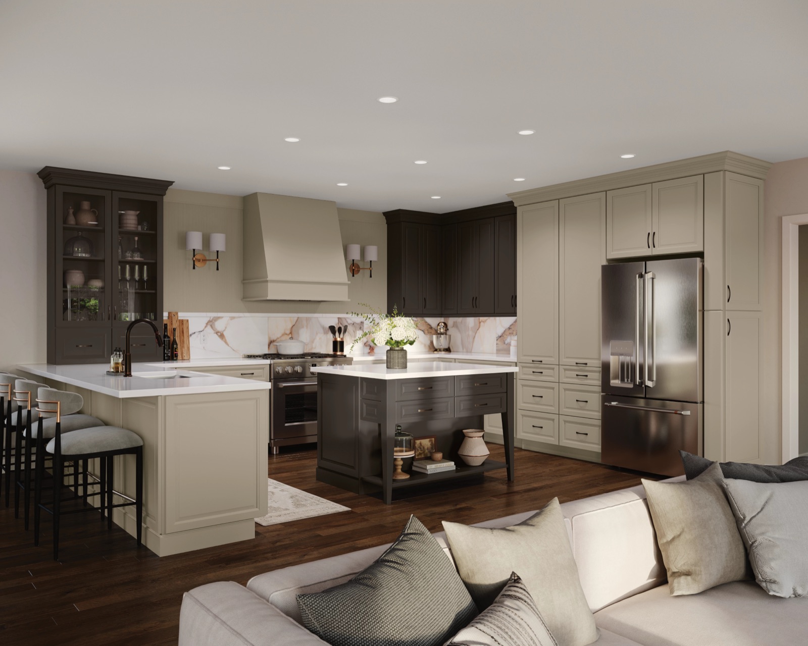 Two-tone kitchen with light perimeter cabinets and a dark charcoal island