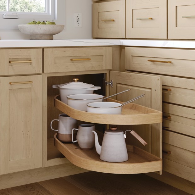Lazy susan corner cabinet with cookware