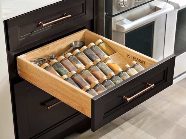 Spice drawer with custom roll storage