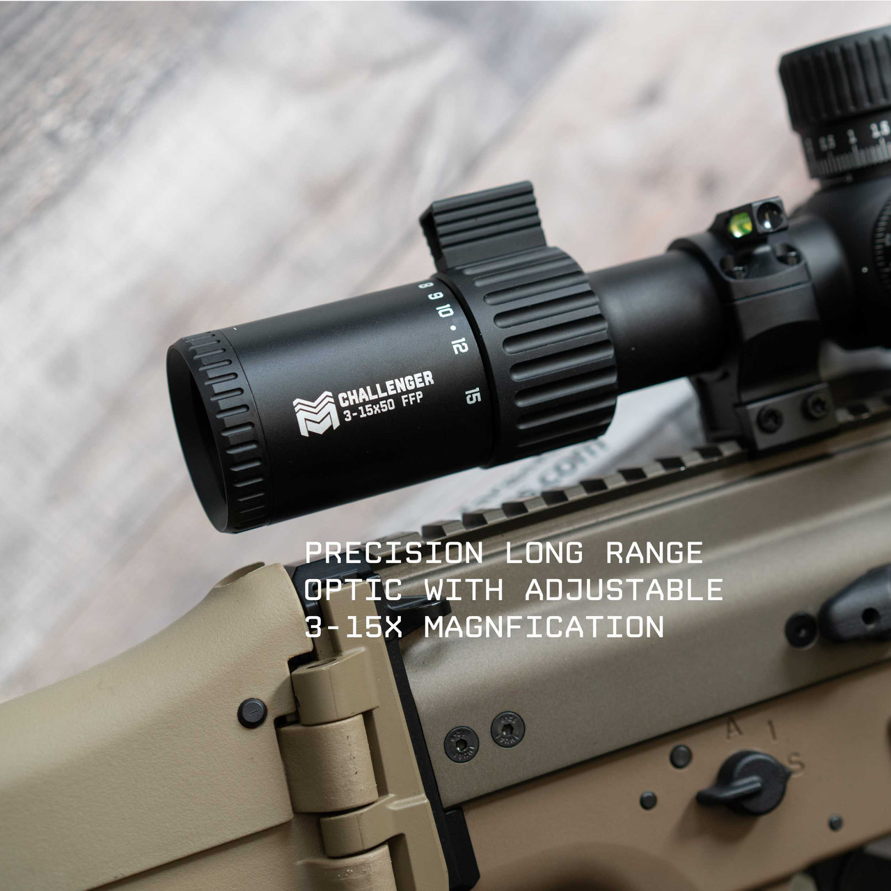 コウジ　フランネル Challenger 3-15x50 FFP Scope with Zero Stop - MM4 - MIL-Dot Reticle