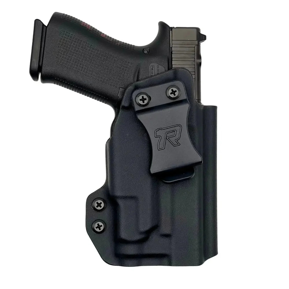Rounded Classic IWB Kydex Holster for Glock 19 Olight PL MINI 3 Valkyrie black clip side view