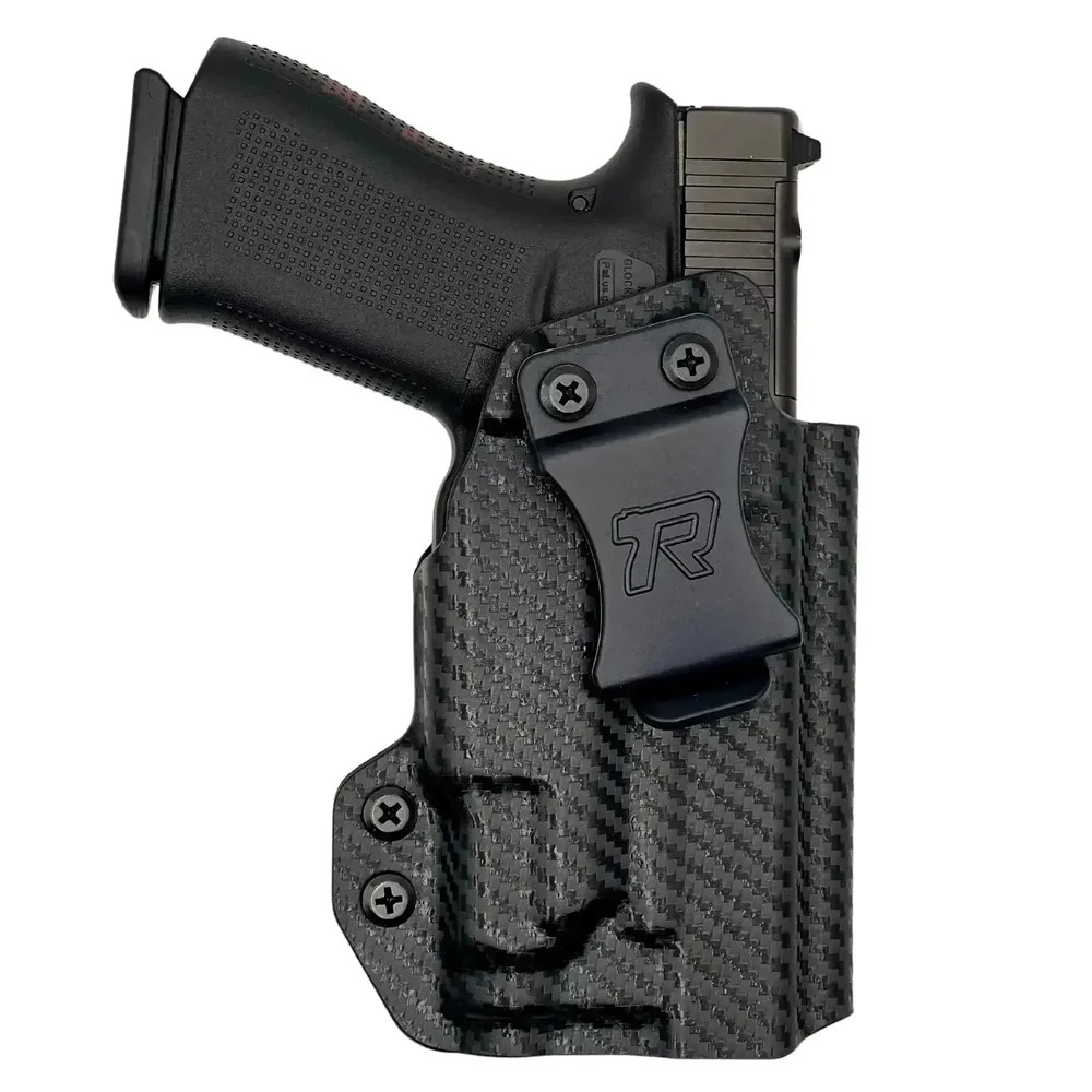 Rounded Classic IWB Kydex Holster for Glock 19 Olight PL MINI 3 Valkyrie carbon fiber clip side view