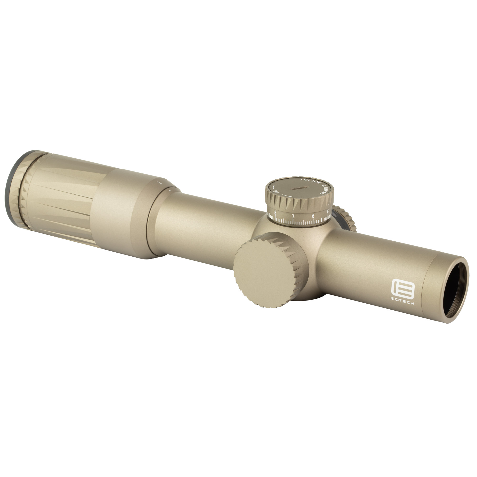 EOTECH Vudu 1 10X28mm FFP Rifle Scope SR5 MRAD Reticle Daylight Bright Dot Model tan Front right side view