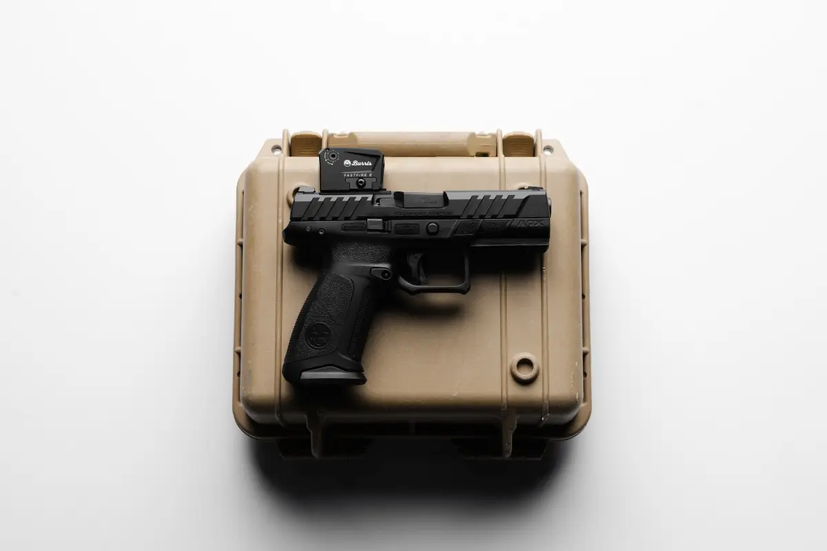 On tan case Burris FastFire E Enclosed Emitter Red Dot Sight