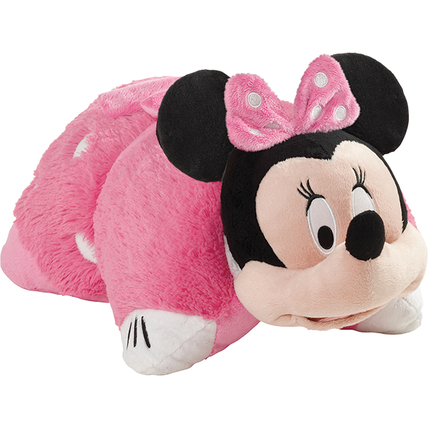 Pink Minnie Mouse Pillow Pet folded in character form, featuring soft pink plush, embroidered eyes, a black nose, large round ears, a pink polka-dot bow, and matching pink polka-dot dress.
