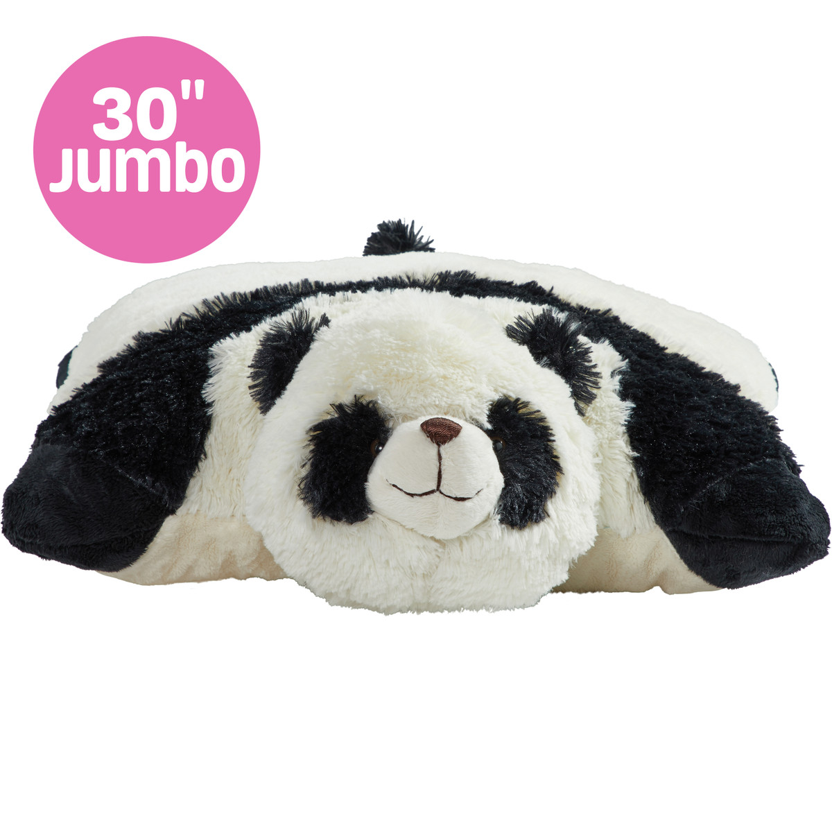 Jumbo 30in Comfy Panda Pillow Pet, featuring soft black and white plush, black ears, a brown nose, and a sweet embroidered smile.