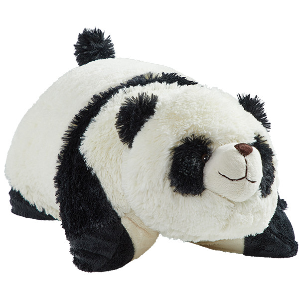 Comfy Panda Pillow Pet folded in plush character form, featuring soft black and white plush, black ears, a brown nose, and a sweet smile.