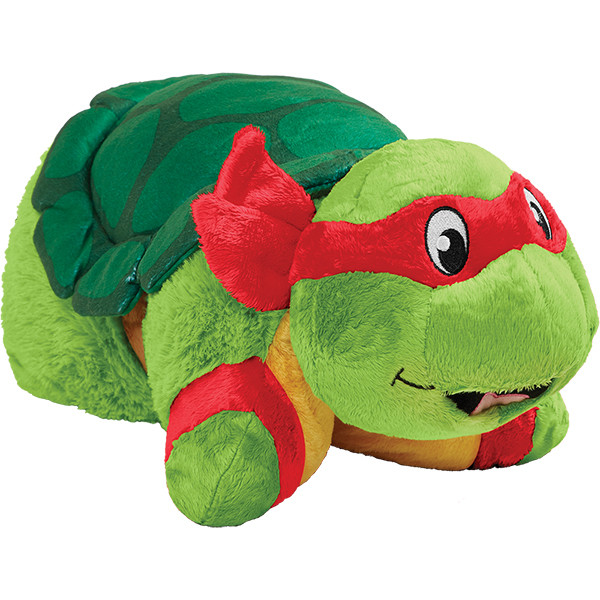 Raphael Pillow Pet in plush character form, featuring green plush, a red eye mask, and a friendly smile.