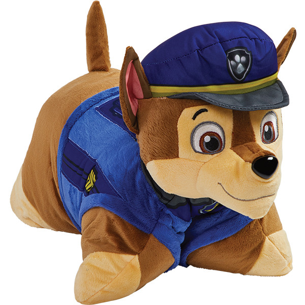 Chase Pillow Pet in plush character form, featuring brown fur, a blue police uniform, a blue police hat, floppy ears, and a friendly smile.