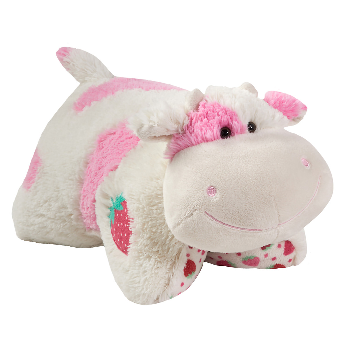 Strawberry Cow Pillow Pet in plush character form, featuring soft white plush with pink spots, floppy ears, and a sweet smile.