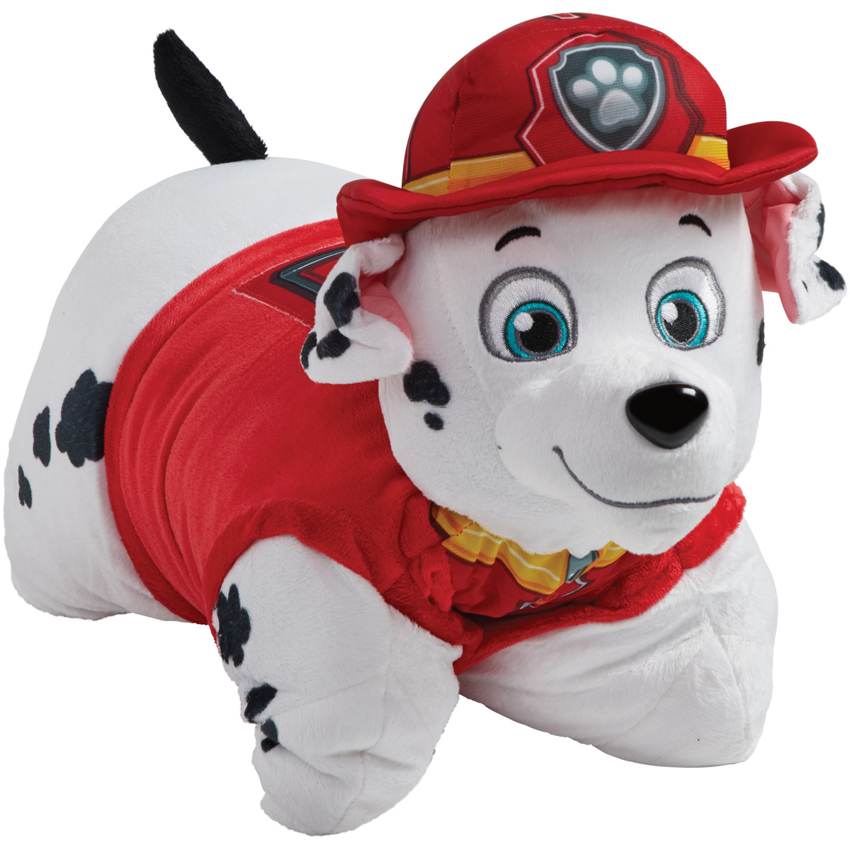 Jumbo 30in Marshall Pillow Pet in extra-large plush character form, featuring Marshall's white fur with black spots, red firefighter helmet, red uniform, floppy ears, and cheerful smile.
