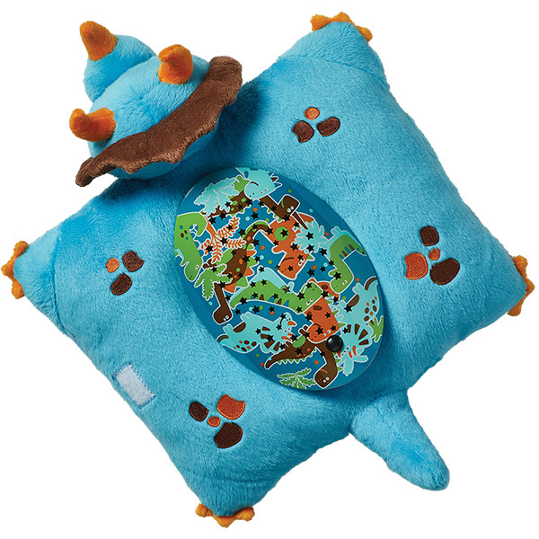 Back view of the Blue Dinosaur Sleeptime Lite featuring soft plush and the built-in night light projector panel.
