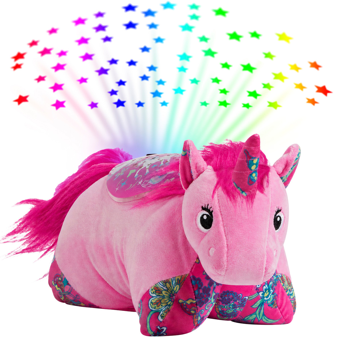 Colorful Pink Unicorn Sleeptime Lite projecting colorful stars onto the ceiling, featuring soft pink plush, a colorful patterned horn and hooves, fluffy pink mane and tail, and embroidered eyes.