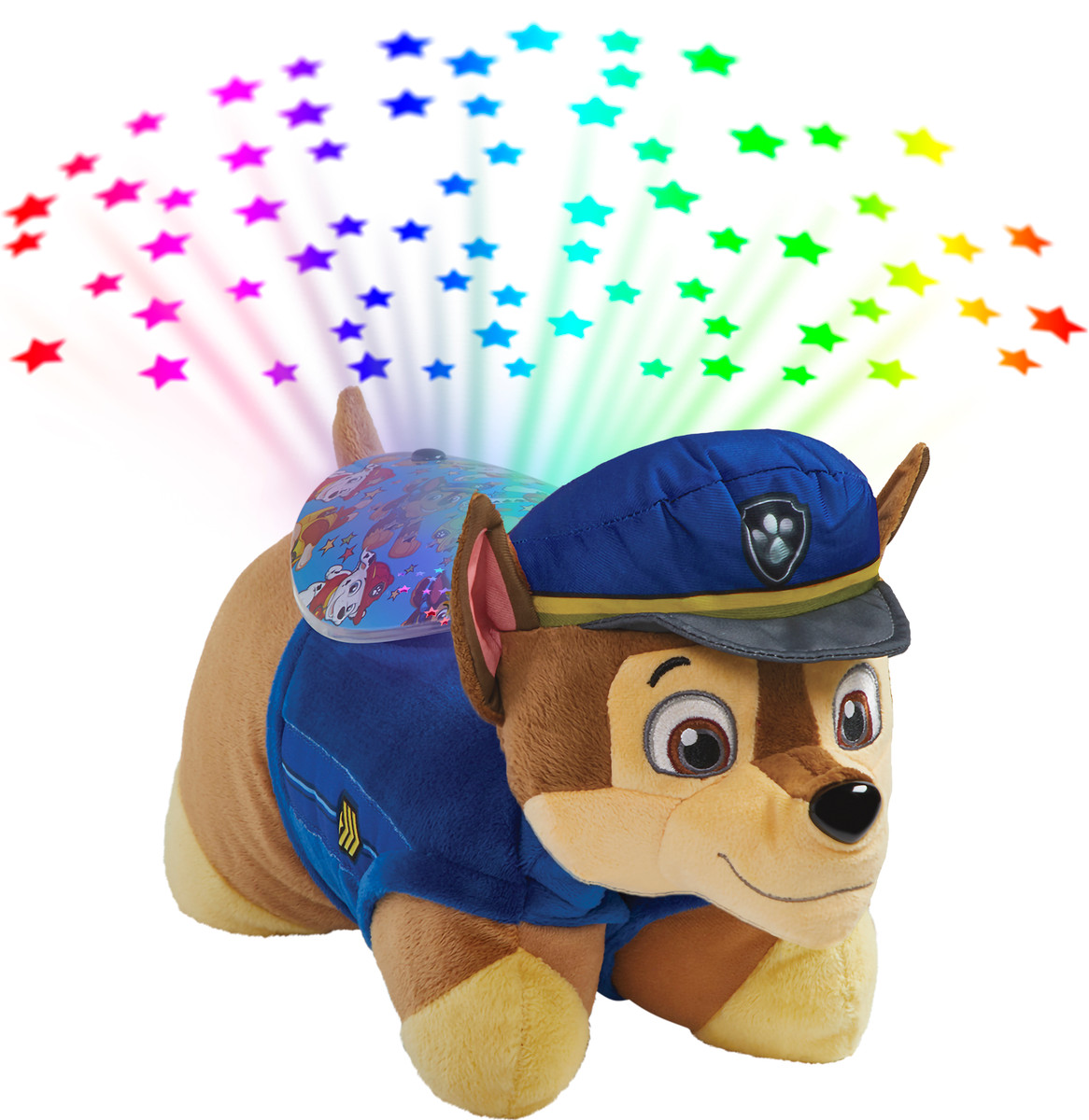 Chase Sleeptime Lite projecting colorful stars onto the ceiling, featuring Chase's brown fur, floppy ears, friendly smile, blue police uniform and hat.
