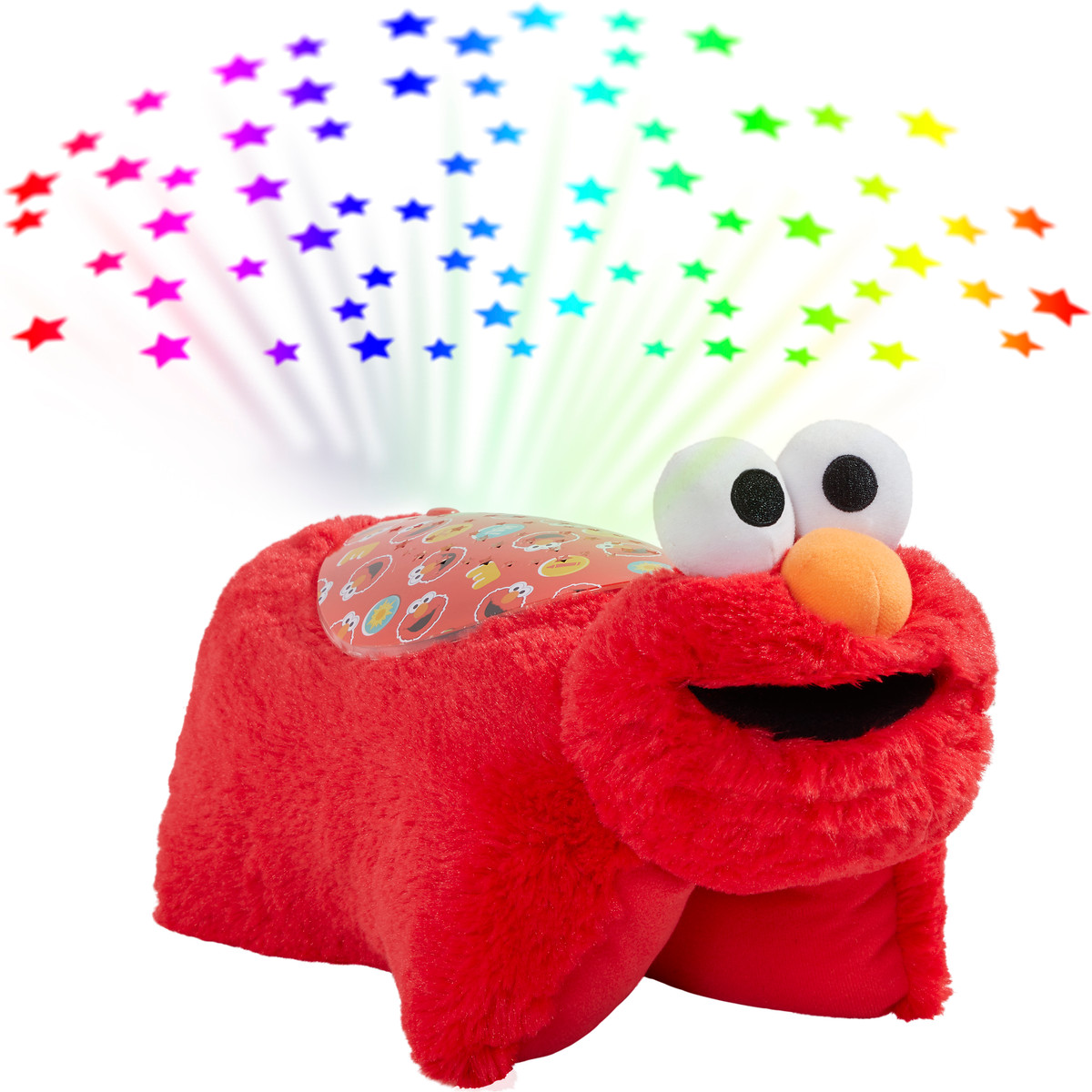 Elmo Sleeptime Lite projecting colorful stars onto the ceiling, featuring Elmo's bright red fur, orange nose, wide eyes, and cheerful smile.