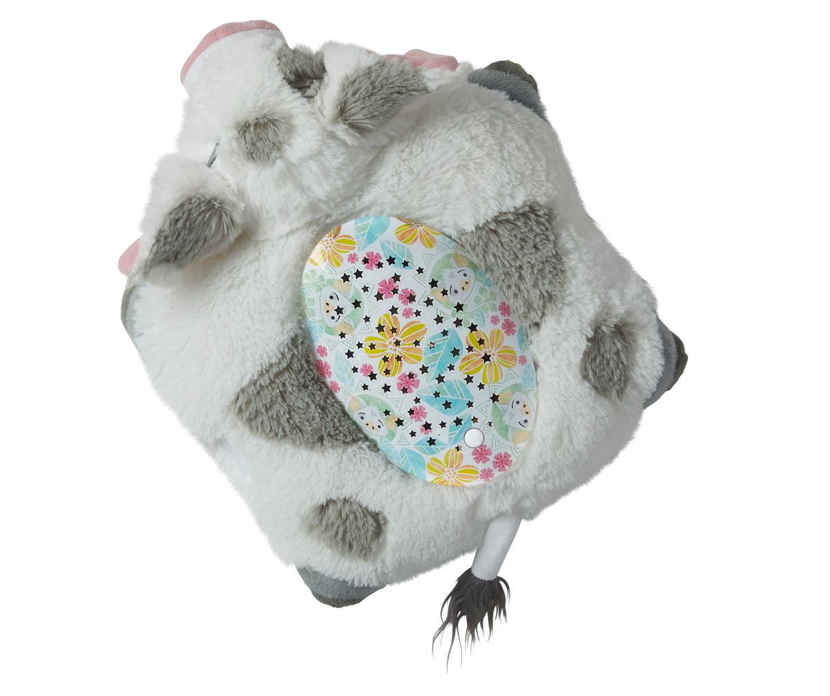 Back view of the Pua Sleeptime Lite featuring white and gray plush and the built-in light projector panel.