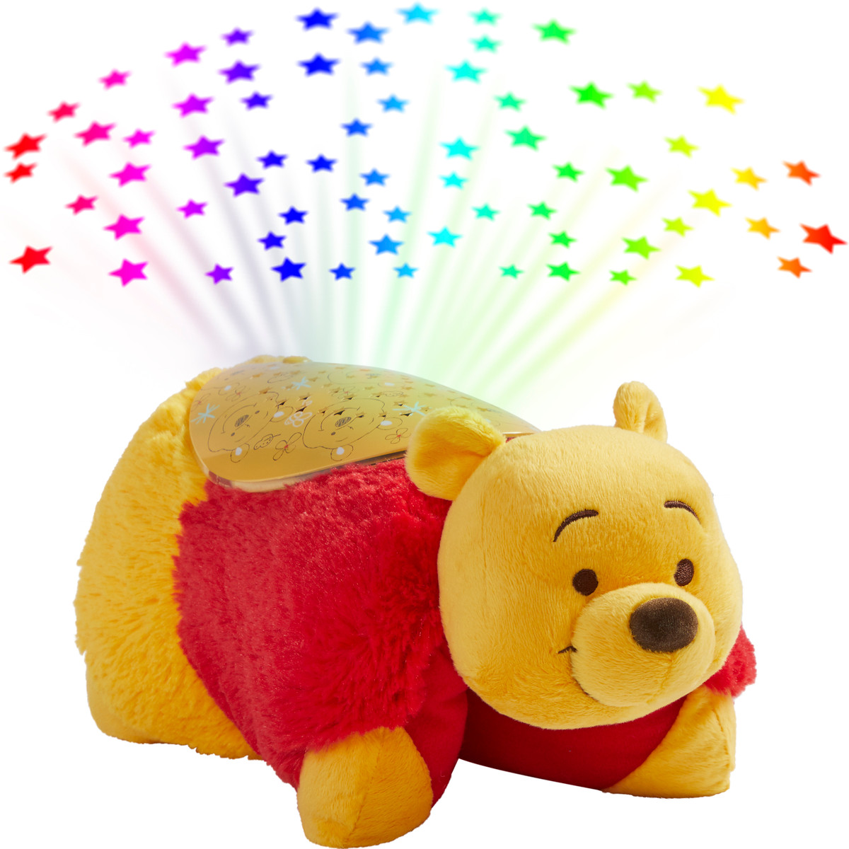 Winnie the Pooh Sleeptime Lite in plush character form projecting colorful stars onto the ceiling, featuring Pooh's golden-yellow fur, red shirt, embroidered eyes, and cheerful smile.