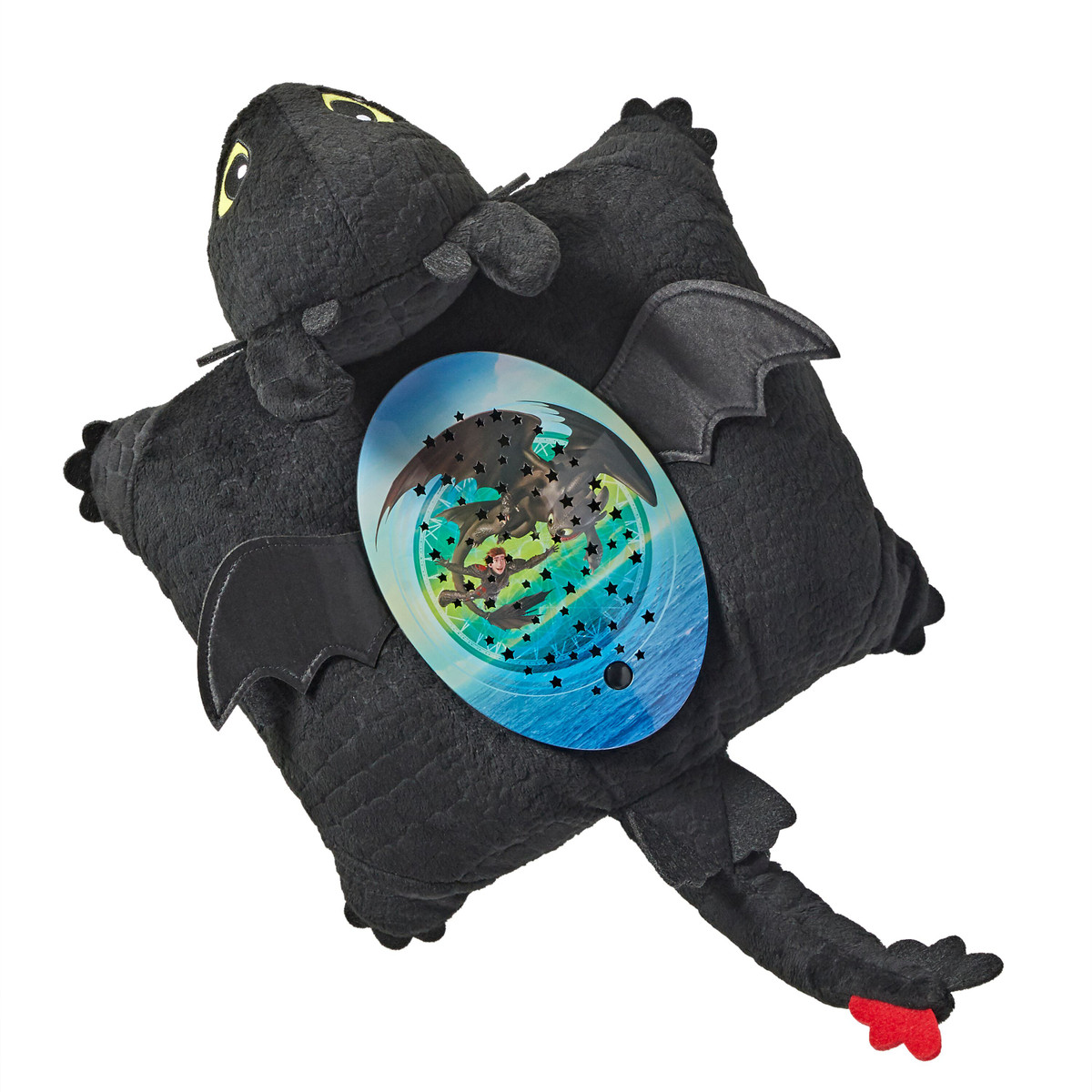 Back view of the Toothless Sleeptime Lite featuring soft black plush and the built-in light projector panel.