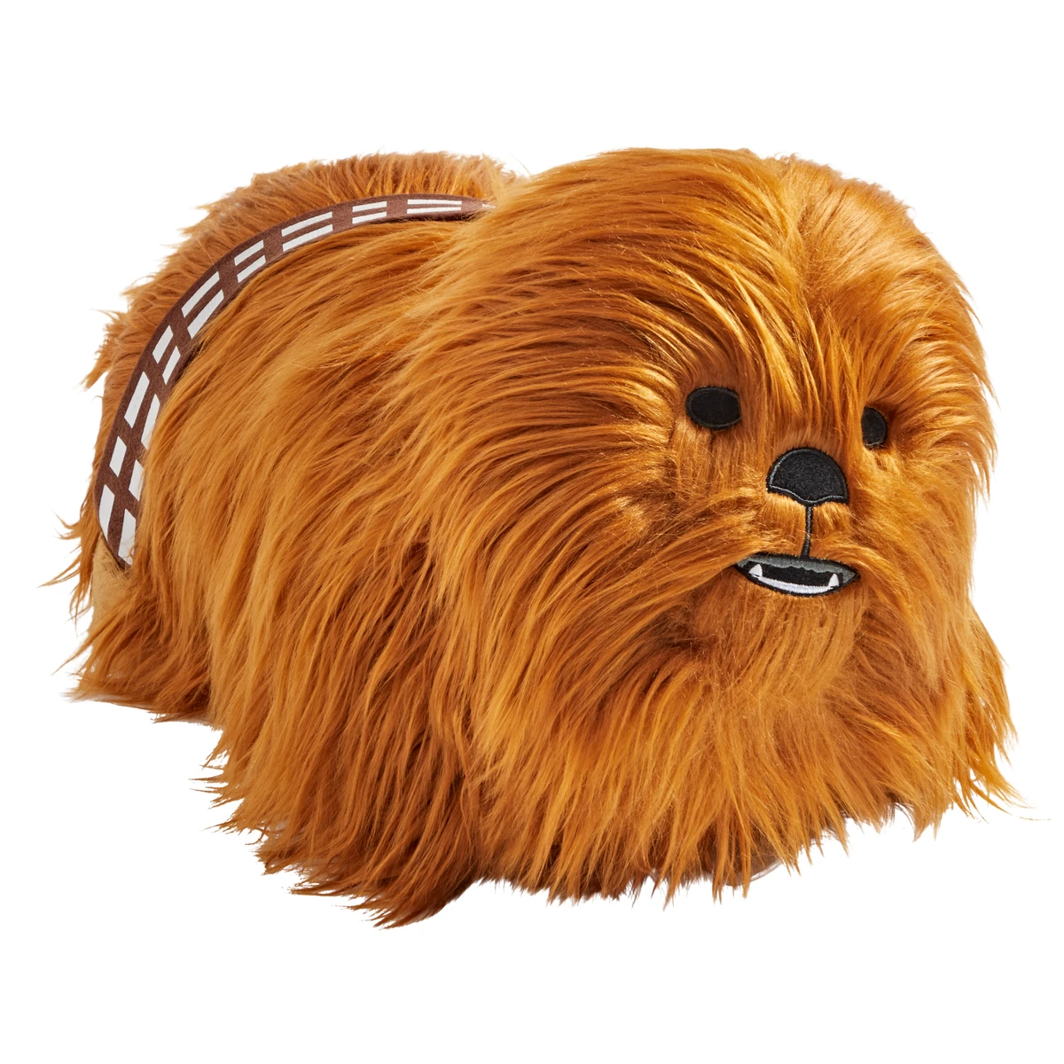 Chewbacca Pillow Pet folded in plush character form, featuring Chewbacca's soft brown fur, blue bandolier, embroidered eyes, black nose, and signature furry look.