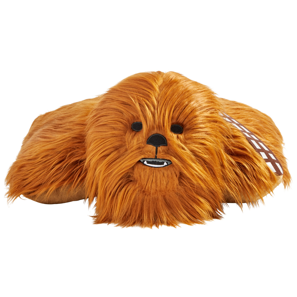 Chewbacca Pillow Pet unfolded into a soft plush pillow with Chewbacca's head at one end and his furry brown body extending across the pillow.