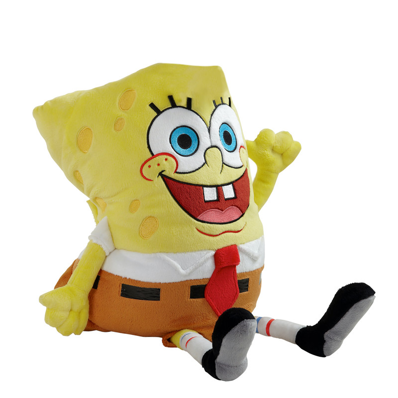 SpongeBob SquarePants Pillow Pet folded in plush character form, featuring SpongeBob's yellow sponge body, blue eyes, white shirt, red tie, brown shorts, and black shoes.