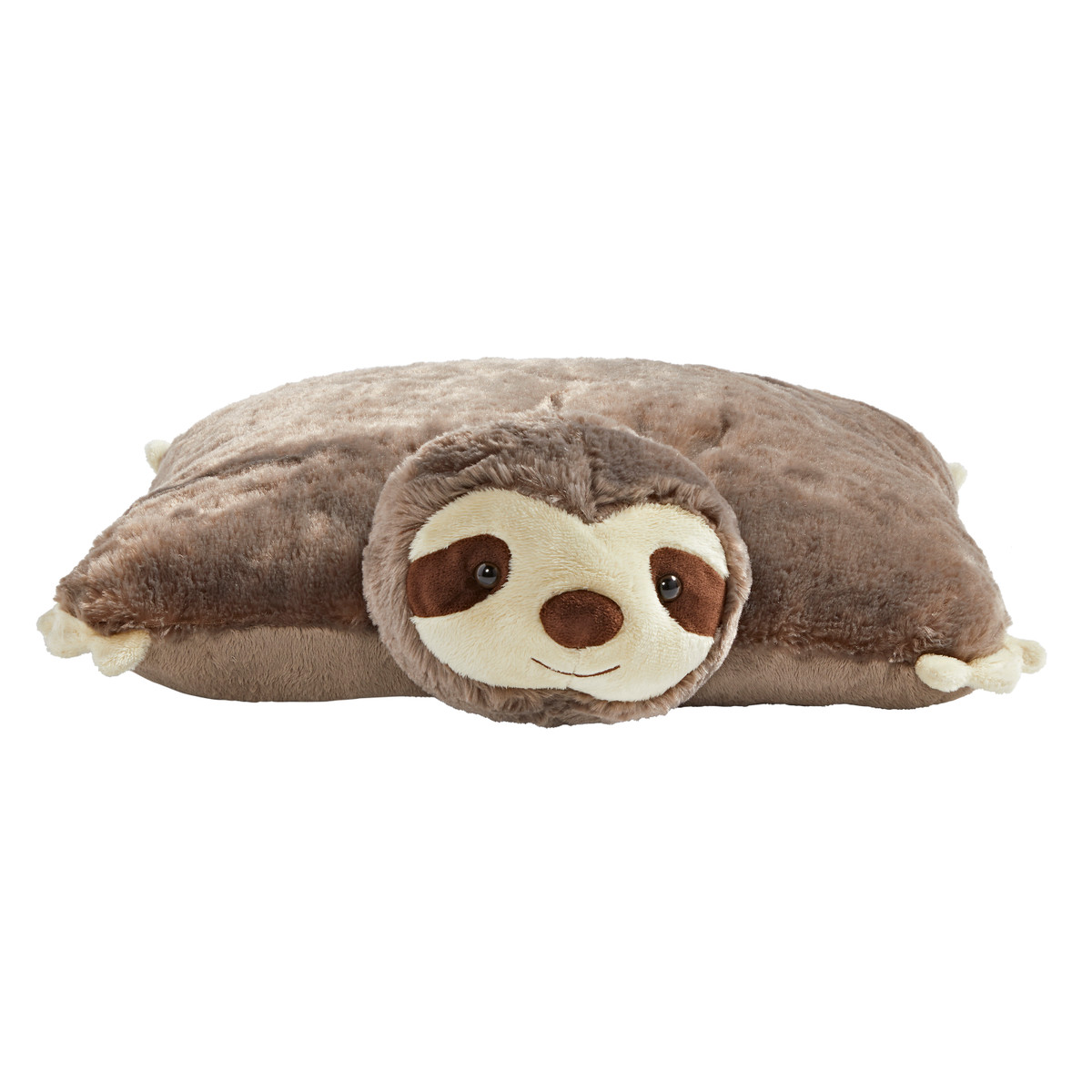 Sunny Sloth Pillow Pet unfolded into a soft plush pillow with the sloth's head at one end and its brown body extending across the pillow.