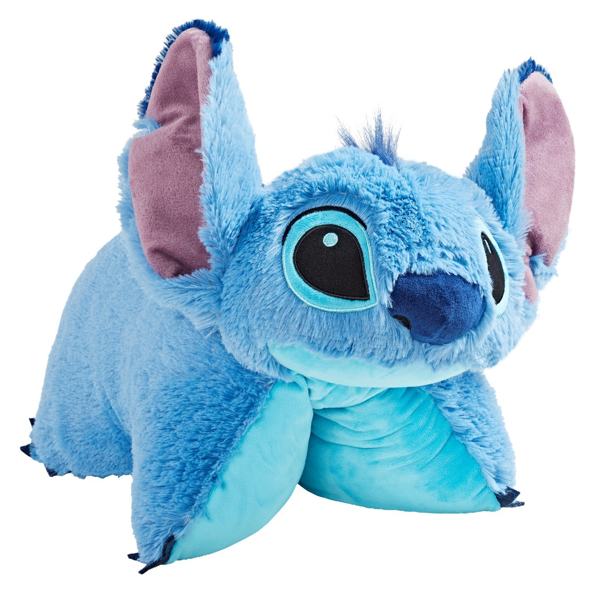 Stitch Pillow Pet folded in plush character form, featuring blue fur, large ears with pink inner ears, big embroidered eyes, and a dark blue nose.