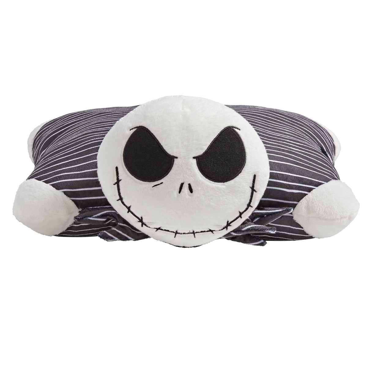 Jack Skellington Pillow Pet unfolded into a soft plush pillow with Jack's head at one end and his black pinstripe body extending across the pillow.