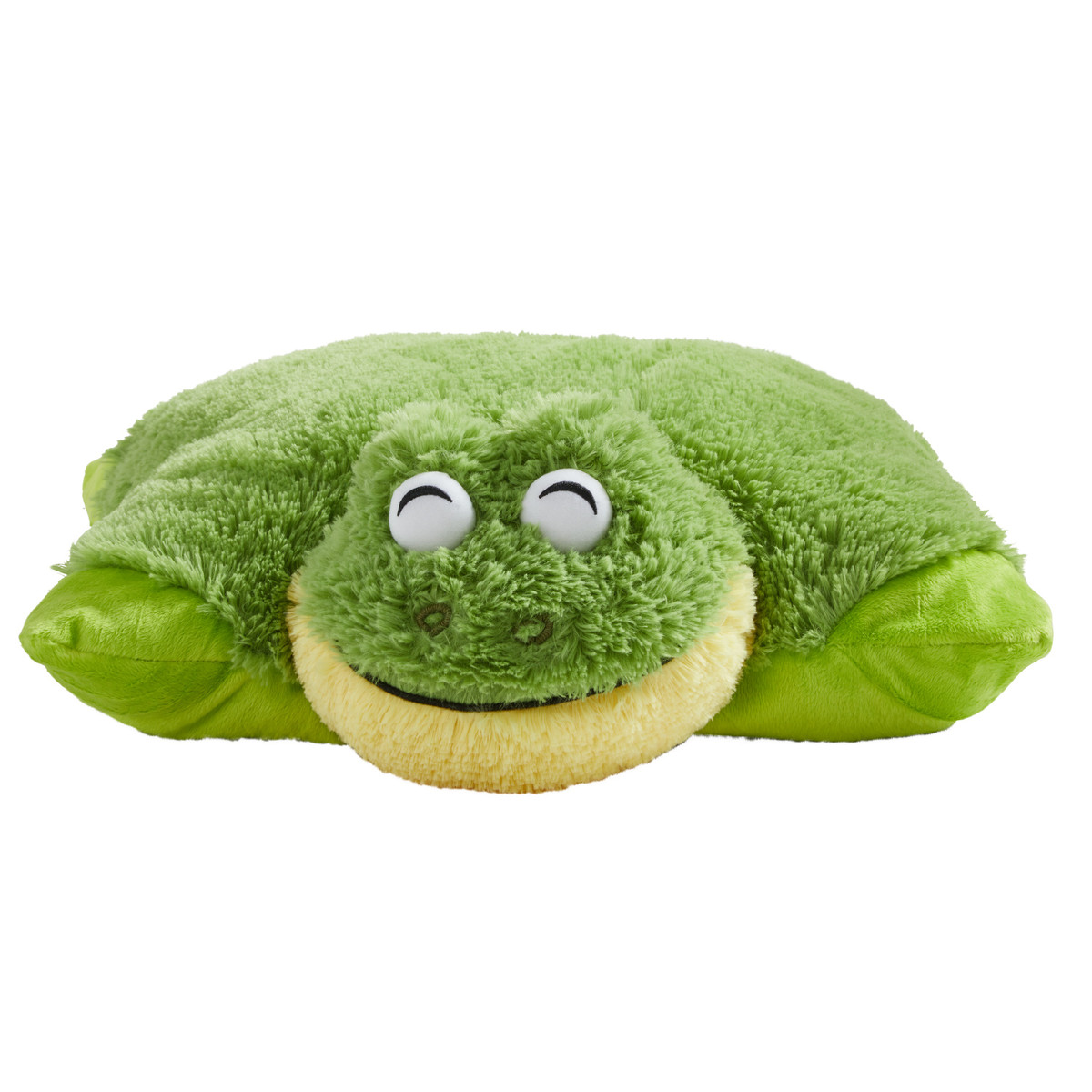 Friendly Frog Pillow Pet unfolded into a soft plush pillow with the frog's head at one end and its green body extending across the pillow.