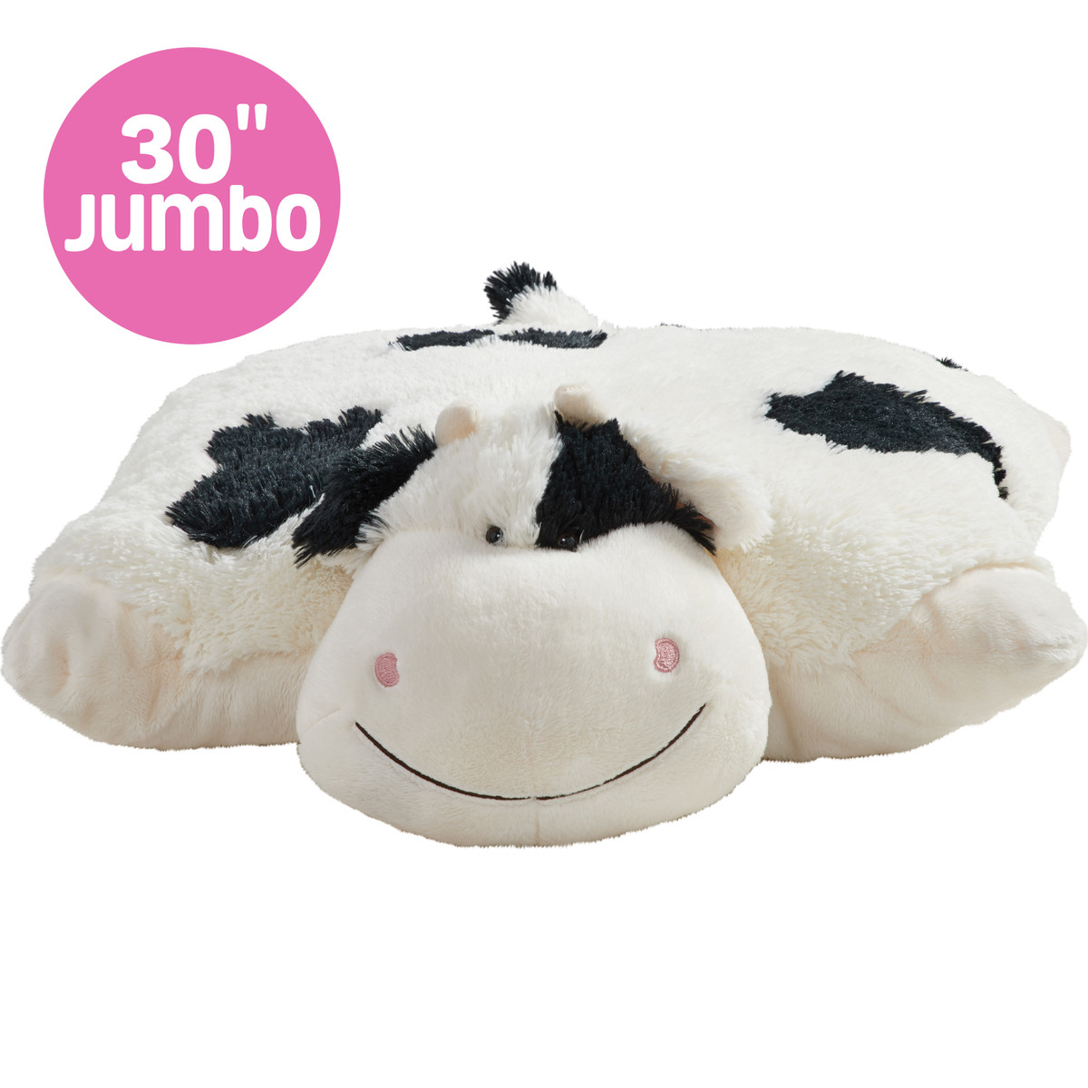 Cozy Cow Jumbo 30in Pillow Pet unfolded in plush pillow form, featuring white fur with black spots, and a sweet embroidered face.