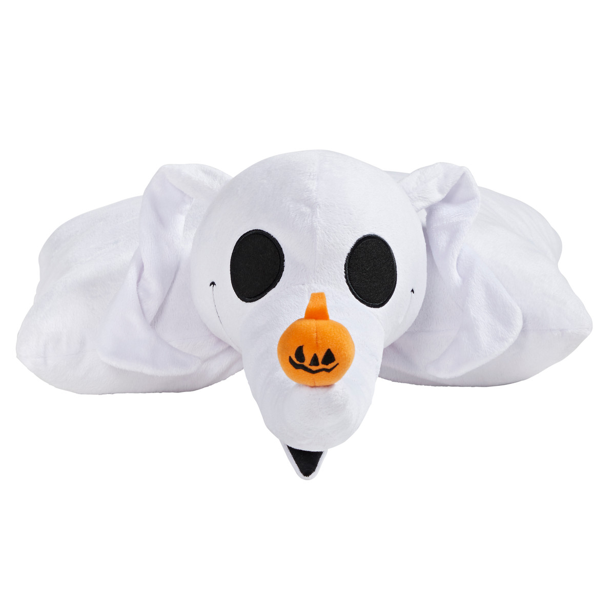 Zero Pillow Pet unfolded into a soft plush pillow with Zero's head at one end and his white body extending across the pillow.