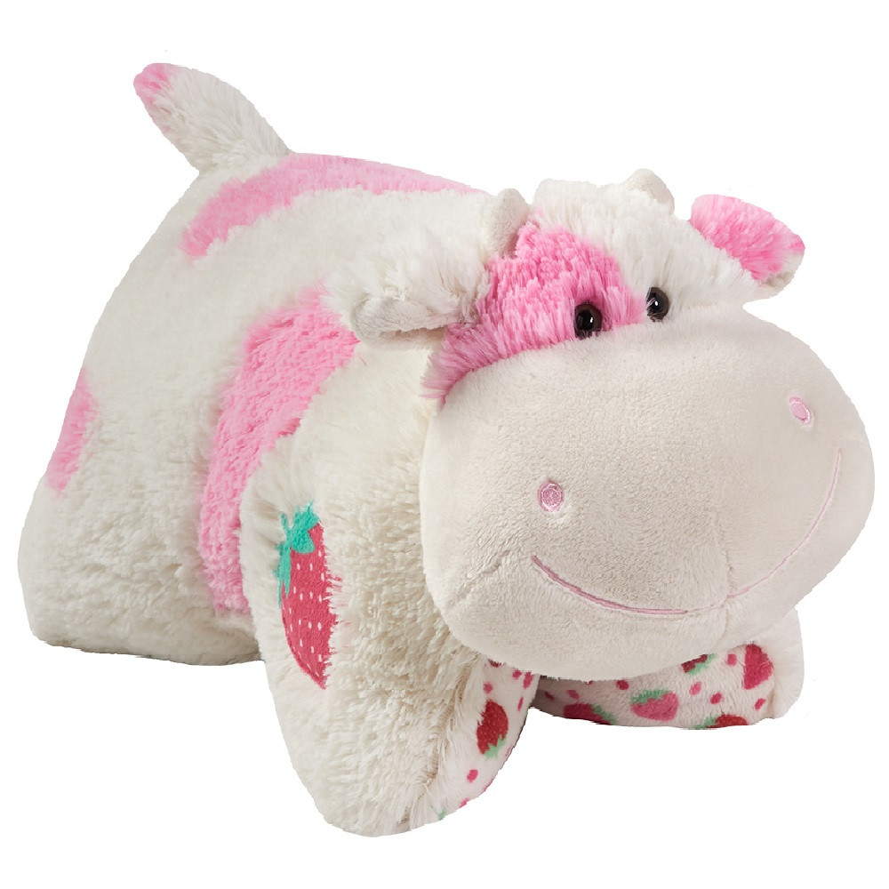 Sweet Scented Strawberry Cow Jumbo 30in Pillow Pet in plush character form, featuring soft white fur with pink spots, and embroidered strawberry details.