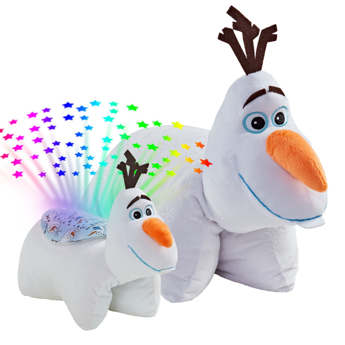 Olaf Sleeptime Lite and Olaf Pillow Pet together, while Sleeptime Lite projects colorful rainbow stars.
